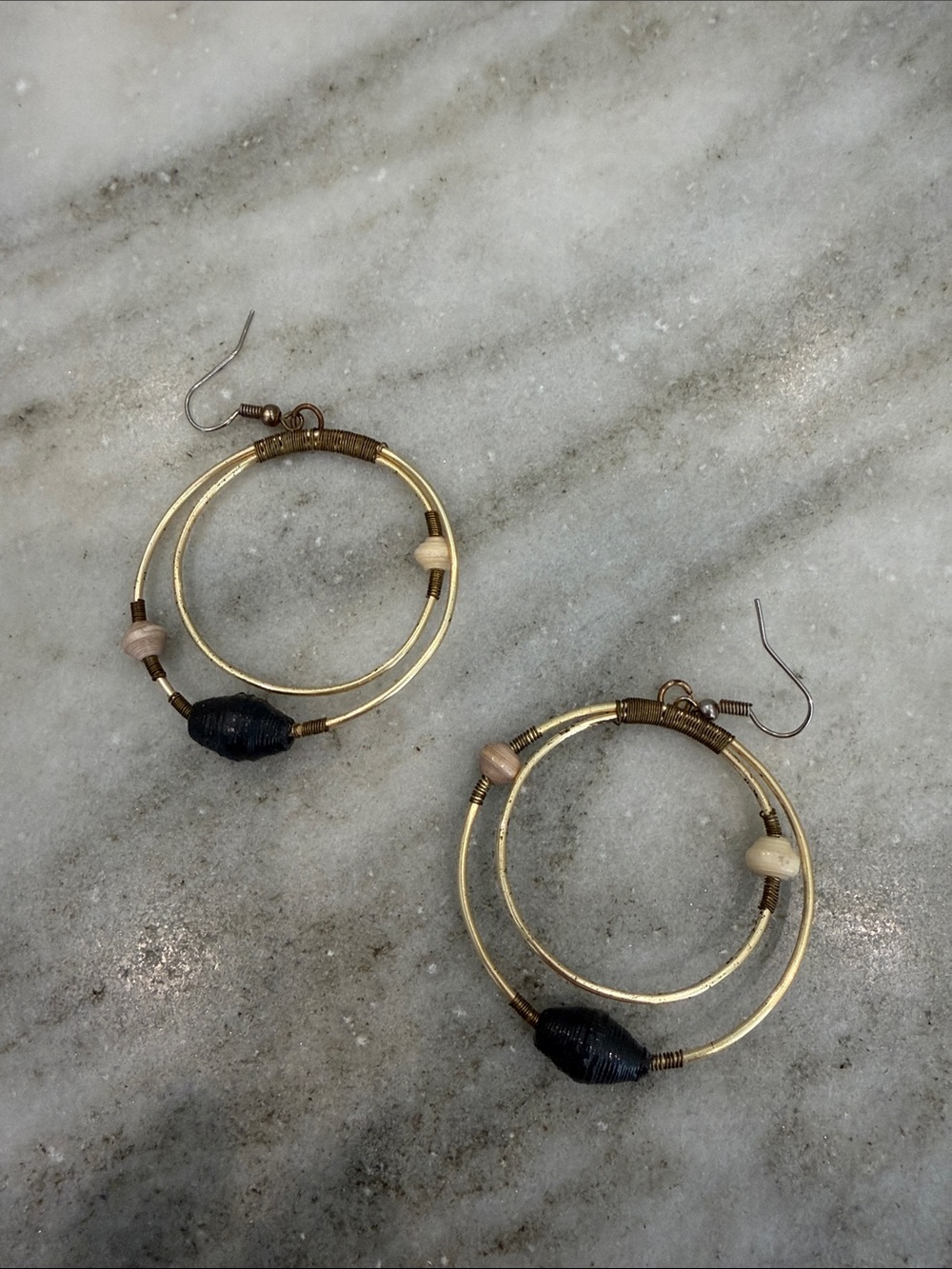 Noonday Collection Gold Double Hoop Earrings with Black and Beige Beads